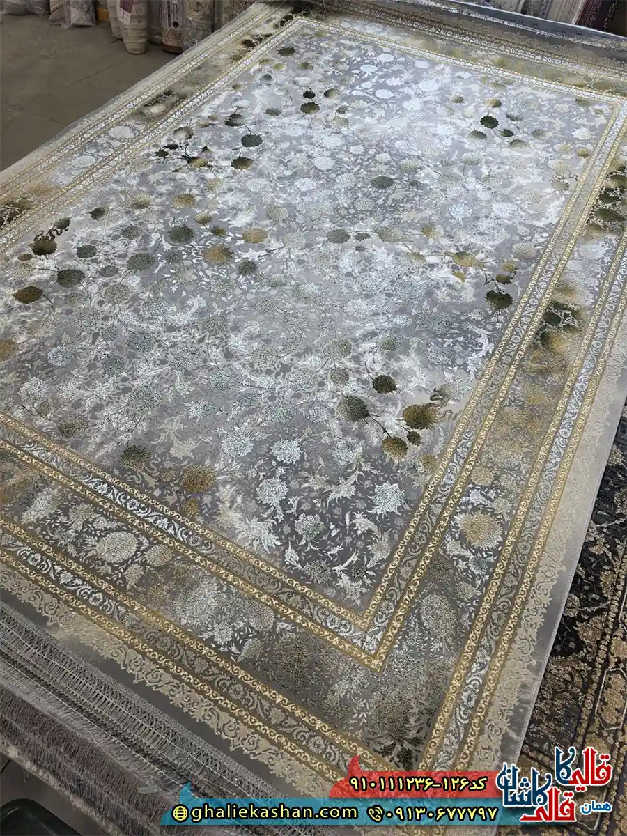 فرش طلاکوب وینتیج 1200 شانه طرح افشان باراد طلا رنگ طوسی فیلی سبز گل برجسته کاشان اصلی