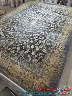 فرش طلاکوب وینتیج 1200 شانه طرح افشان سودا رنگ طوسی دلفینی گل برجسته کاشان