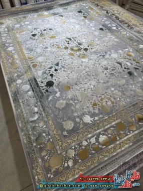 فرش طلاکوب وینتیج 1200 شانه طرح افشان شاهکار رنگ طوسی فیلی سبز گل برجسته کاشان