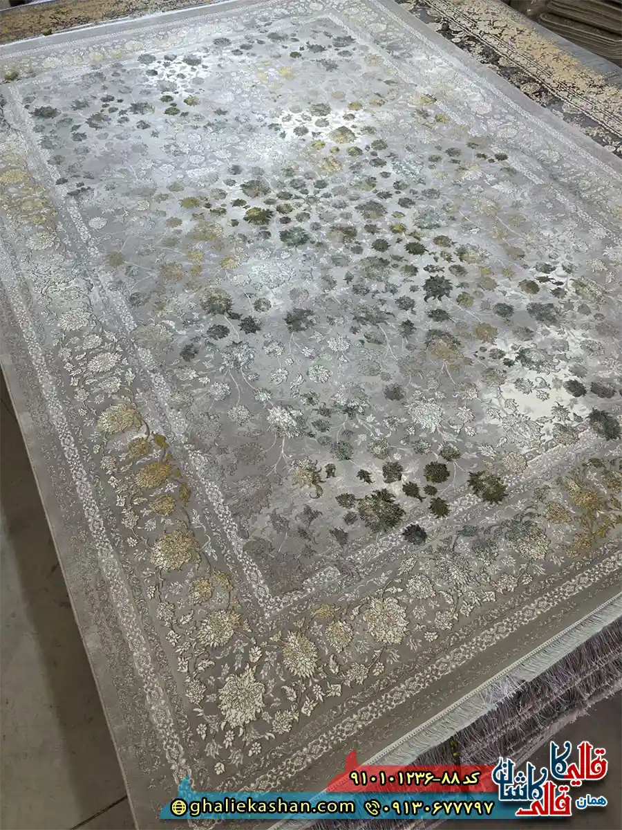 فرش طلاکوب وینتیج 1200 شانه طرح افشان میلان رنگ طوسی فیلی سبز کاشان اصلی