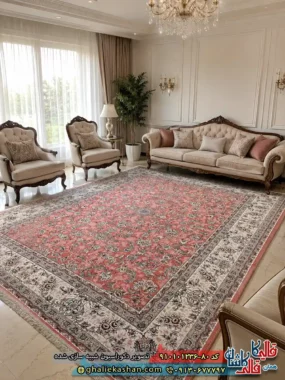 فرش کلاسیک 1200 شانه طرح افشان نگارین رنگ صورتی کاشان