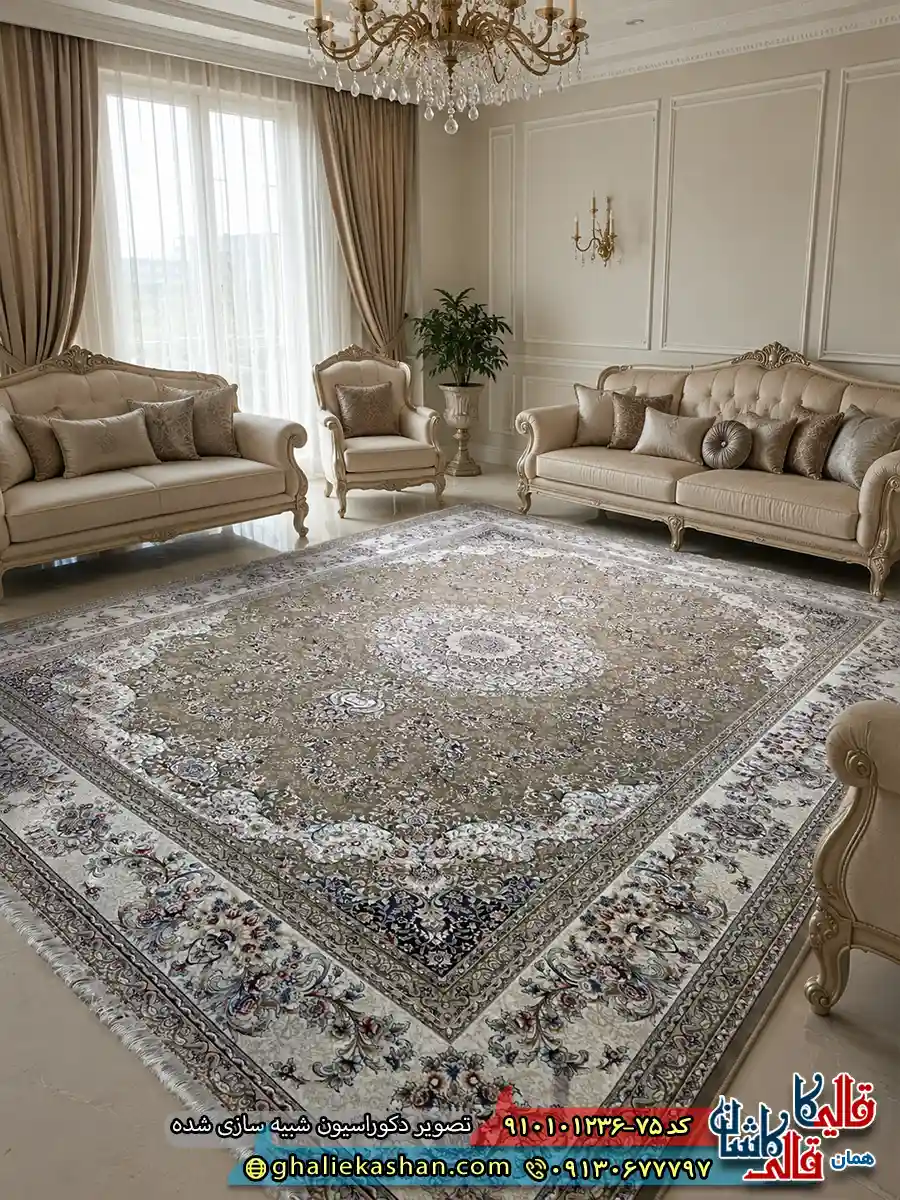فرش کلاسیک 1200 شانه طرح دیبا رنگ قهوه ای کاراملی کاشان دکوراسیون
