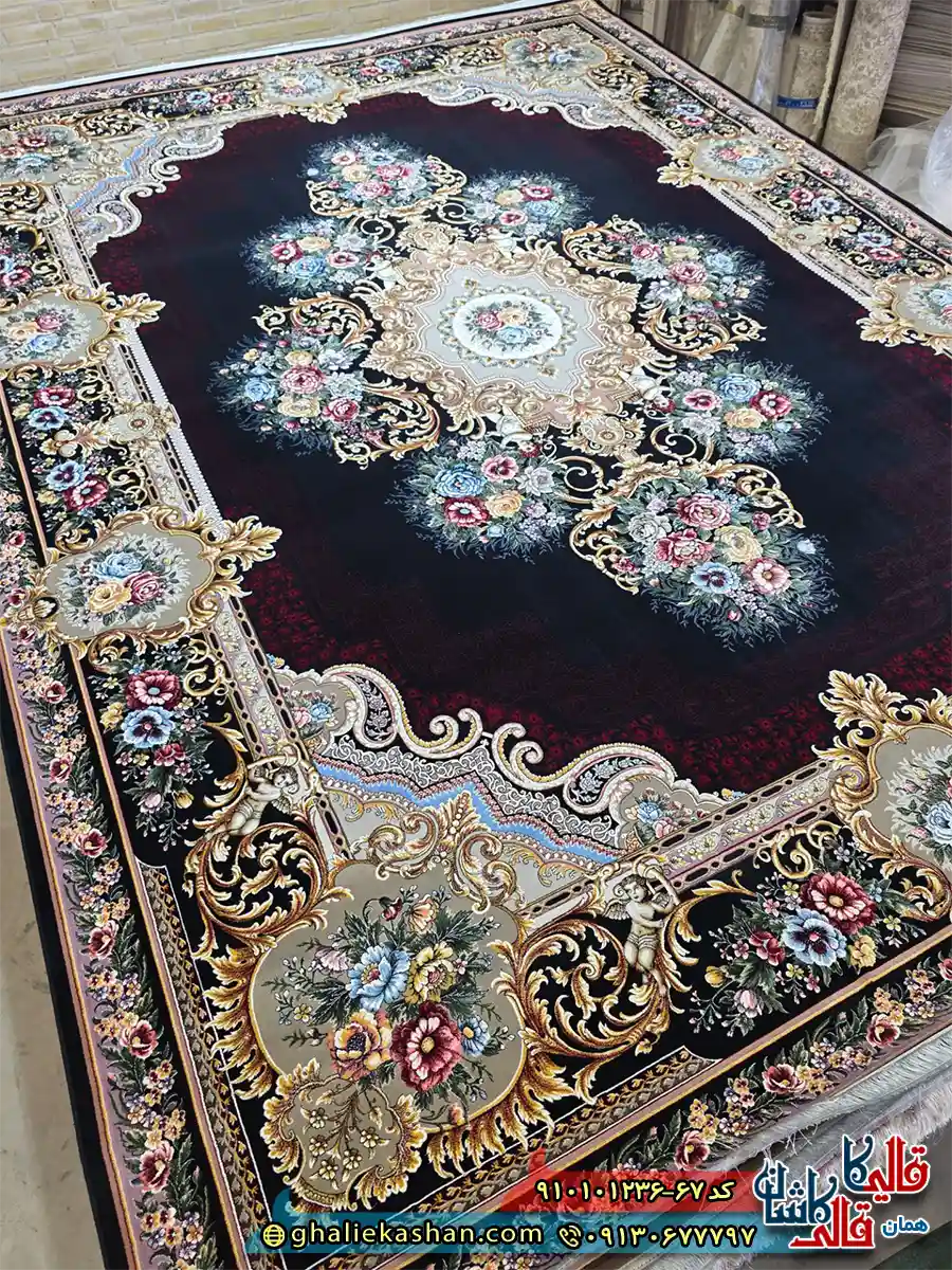 فرش کلاسیک 1200 شانه فرانسوی طرح ملودی رنگ سرمه ای مشکی کاشان اصلی فرش کلاسیک 1200 شانه فرانسوی طرح ملودی رنگ سرمه ای مشکی کاشان اصلی
