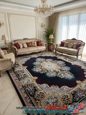 فرش کلاسیک 1200 شانه فرانسوی طرح ملودی رنگ سرمه ای مشکی کاشان
