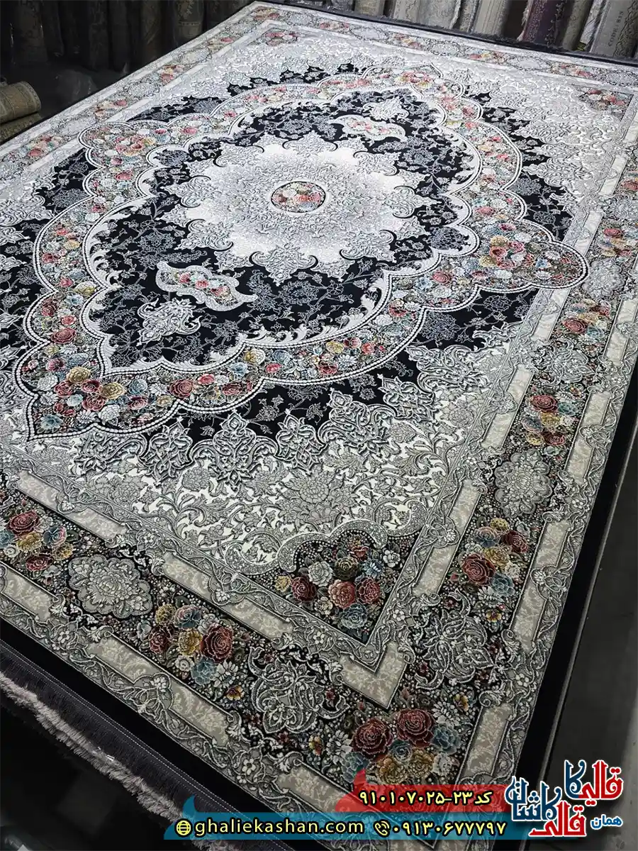 فرش کلاسیک 700 شانه طرح آروانا رنگ سرمه ای مشکی کاشان اصلی فرش کلاسیک 700 شانه طرح آروانا رنگ سرمه ای مشکی کاشان اصلی