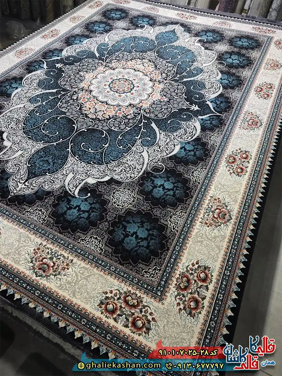 فرش کلاسیک 700 شانه طرح چکاوک رنگ سرمه ای مشکی کاشان اصلی
