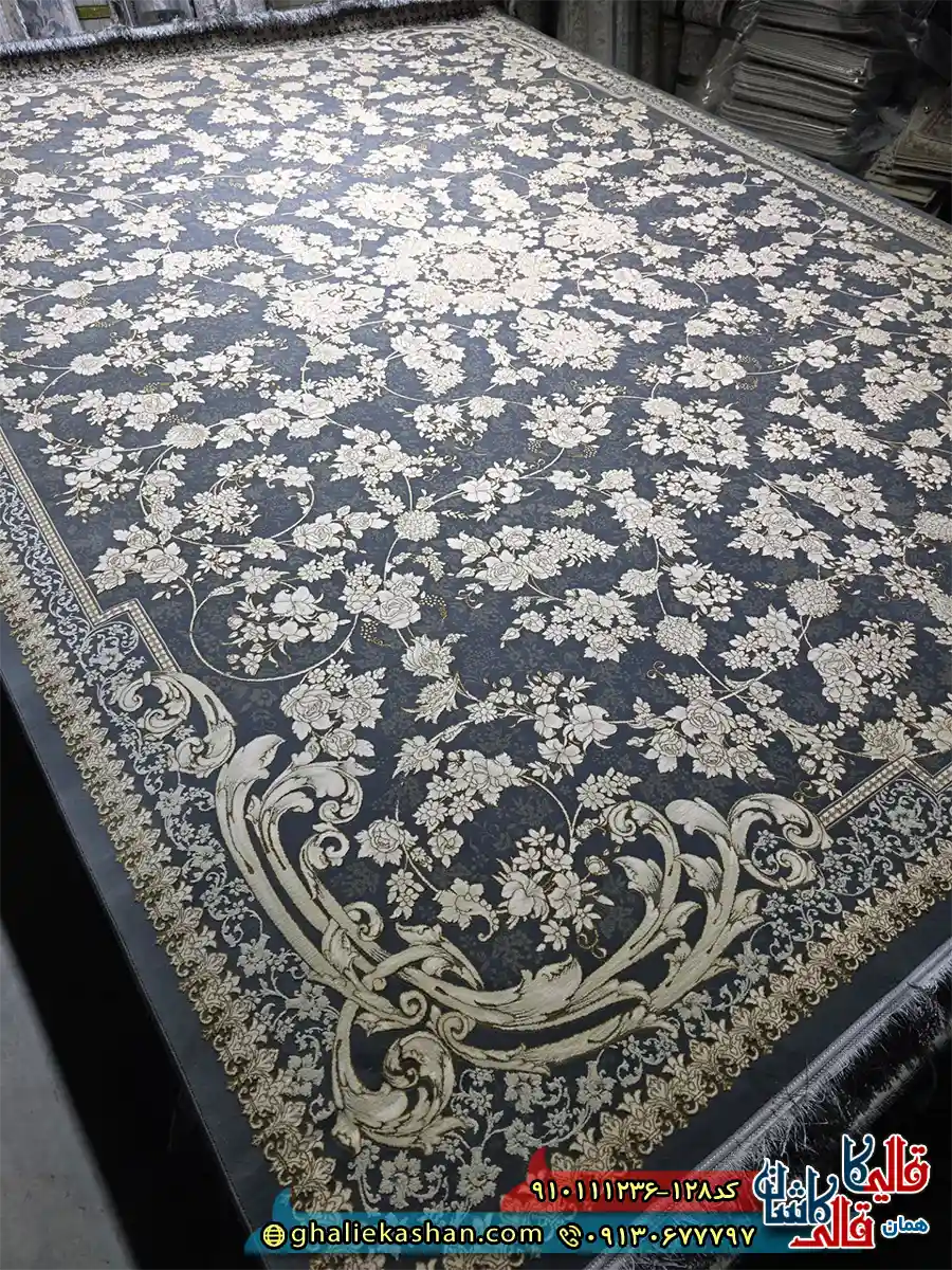 فرش طلاکوب 1200 شانه طرح افشان گندم رنگ طوسی دودی گل برجسته کاشان اصلی فرش طلاکوب 1200 شانه طرح افشان گندم رنگ طوسی دودی گل برجسته کاشان اصلی