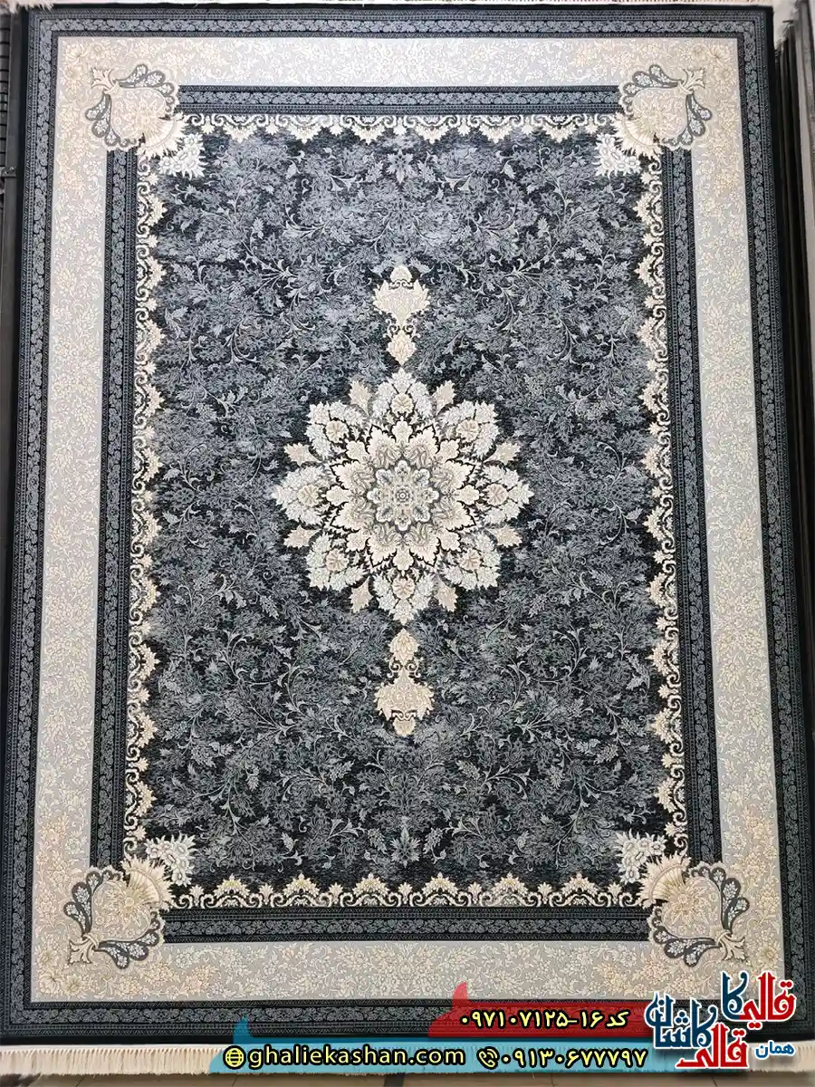 فرش طلاکوب 700 شانه طرح تاج رنگ سرمه ای مشکی کاشان اصلی فرش طلاکوب 700 شانه طرح تاج رنگ سرمه ای مشکی کاشان اصلی