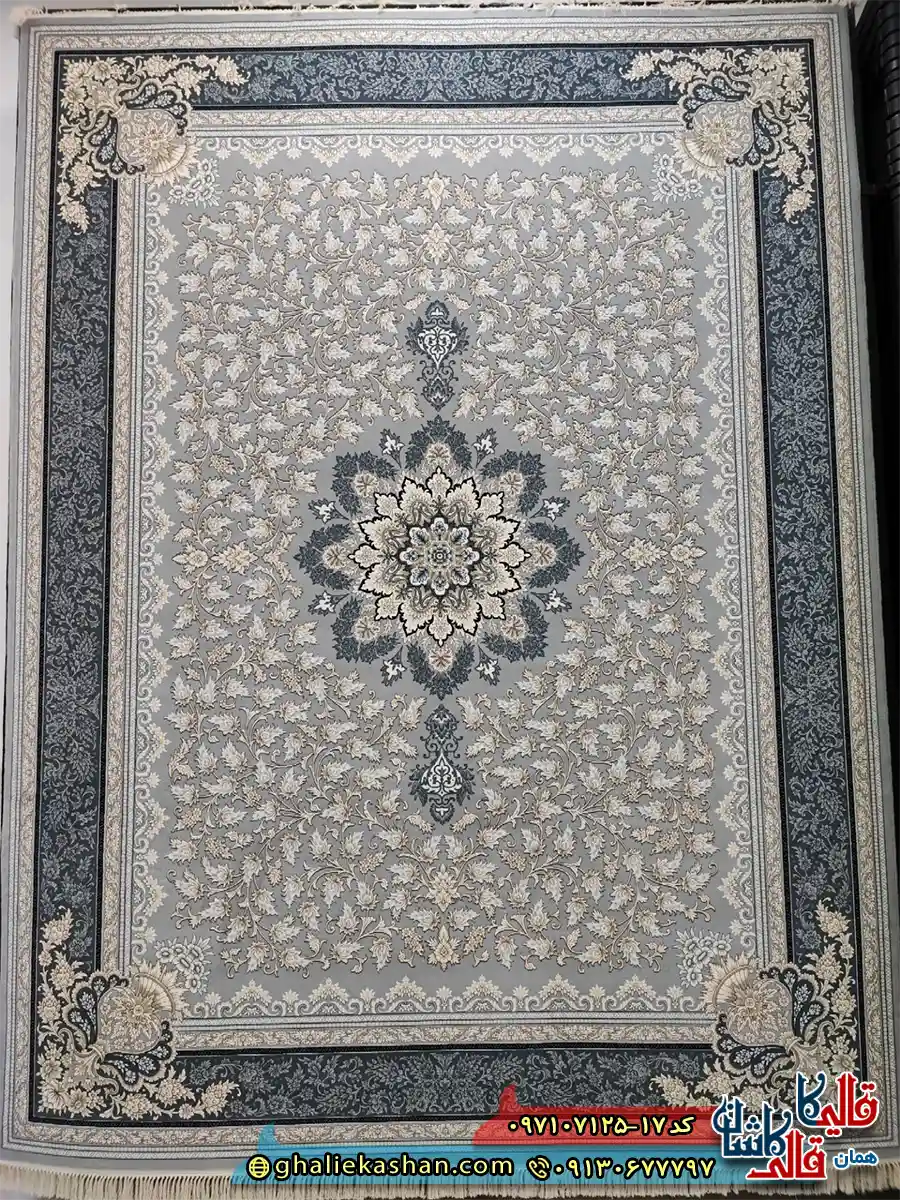 فرش طلاکوب 700 شانه طرح تاج رنگ طوسی نقره ای کاشان اصلی