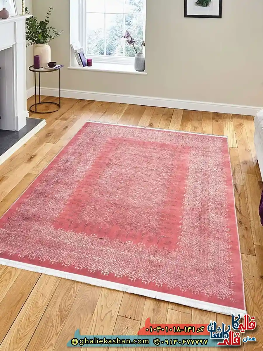 فرش ‌وینتیج ‌مدرن ‌1000 ‌شانه ‌طرح ‌افشان ‌سای ‌گل ‌ترکمن ‌زمینه ‌صورتی ‌گلبهی ‌کاشان ‌دکوراسیون