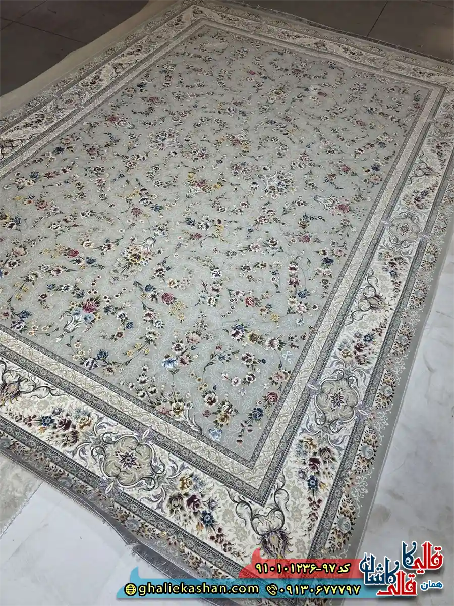 فرش کلاسیک 1200 شانه طرح افشان ایلیا رنگ طوسی نقره ای کاشان اصلی فرش کلاسیک 1200 شانه طرح افشان ایلیا رنگ طوسی نقره ای کاشان اصلی