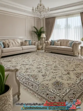 فرش کلاسیک 1200 شانه طرح افشان ماهرو رنگ بژ کاشان