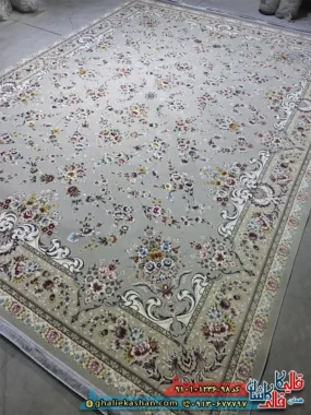 فرش کلاسیک 1200 شانه طرح افشان ماهرو رنگ طوسی نقره ای کاشان