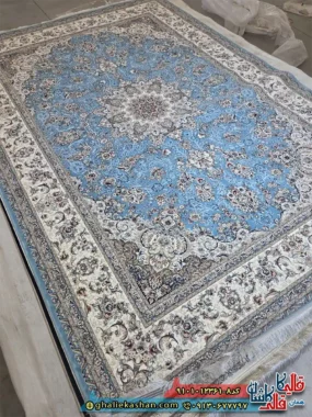 فرش کلاسیک 1200 شانه طرح زمرد رنگ آبی کاشان اصلی