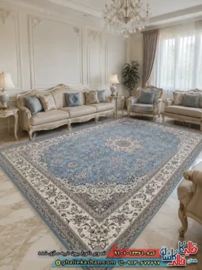 فرش کلاسیک 1200 شانه طرح زمرد رنگ آبی کاشان