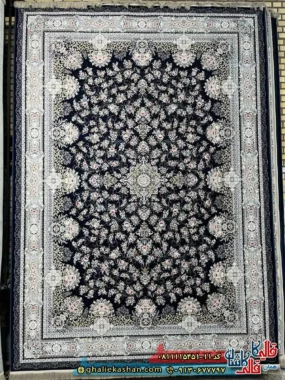 فرش کلاسیک 1500 شانه طرح افشان دلوین رنگ سرمه ای مشکی گل برجسته کاشان