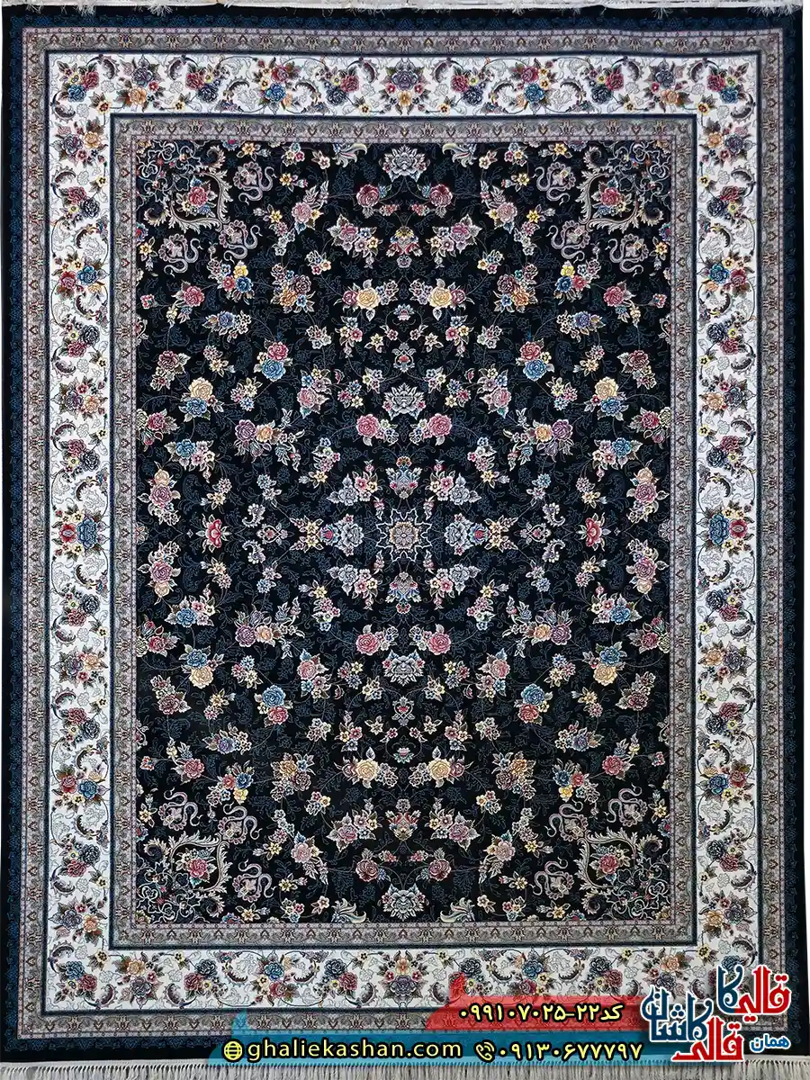 فرش کلاسیک 700 شانه طرح افشان گیلدا رنگ سرمه ای کاشان اصلی