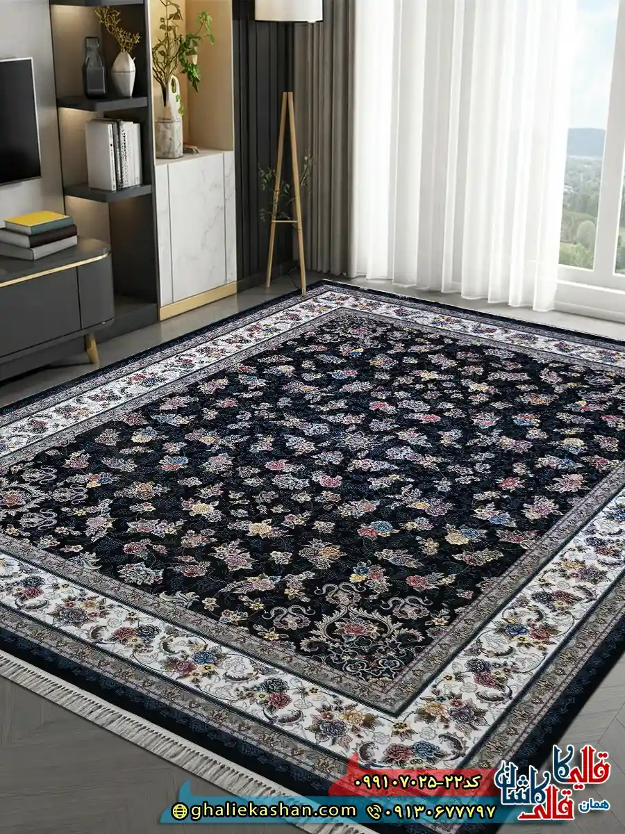 فرش کلاسیک 700 شانه طرح افشان گیلدا رنگ سرمه ای کاشان دکوراسیون