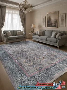 فرش کلاسیک سنتی 700 شانه طرح افشان آلاء رنگ طوسی کاشان