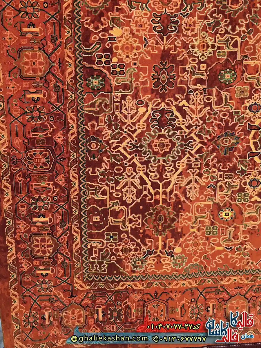 فرش کلاسیک سنتی 700 شانه طرح افشان آلاء رنگ قرمز لاکی کاشان حاشیه
