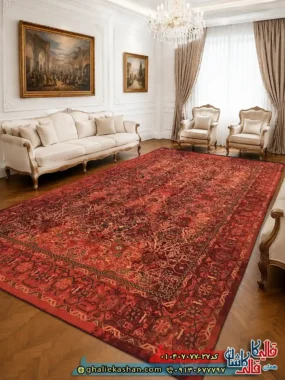 فرش کلاسیک سنتی 700 شانه طرح افشان آلاء رنگ قرمز لاکی کاشان