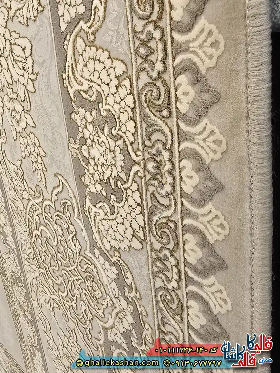 فرش 1200 شانه طرح لورنزا زمینه طوسی نیلی گل برجسته کاشان نزدیک7