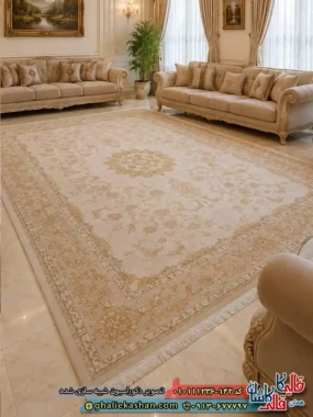 فرش ‌1200 ‌شانه ‌طرح ‌پالاسیون ‌زمینه ‌طوسی ‌نقره ‌ای ‌عاجی ‌گل ‌برجسته ‌کاشان ‌
