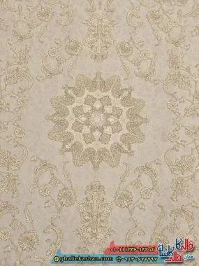 فرش 1200 شانه طرح پالاسیون زمینه طوسی نقره ای عاجی گل برجسته کاشان زمینه