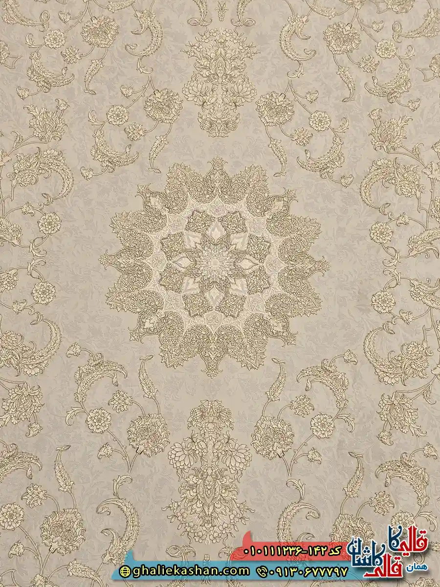 فرش 1200 شانه طرح پالاسیون زمینه طوسی نقره ای عاجی گل برجسته کاشان زمینه