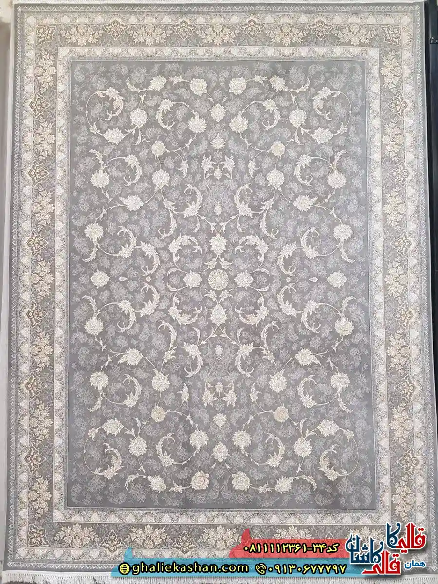 فرش طلاکوب 1200 شانه طرح افشان مروارید رنگ طوسی دلفینی گل برجسته کاشان اصلی