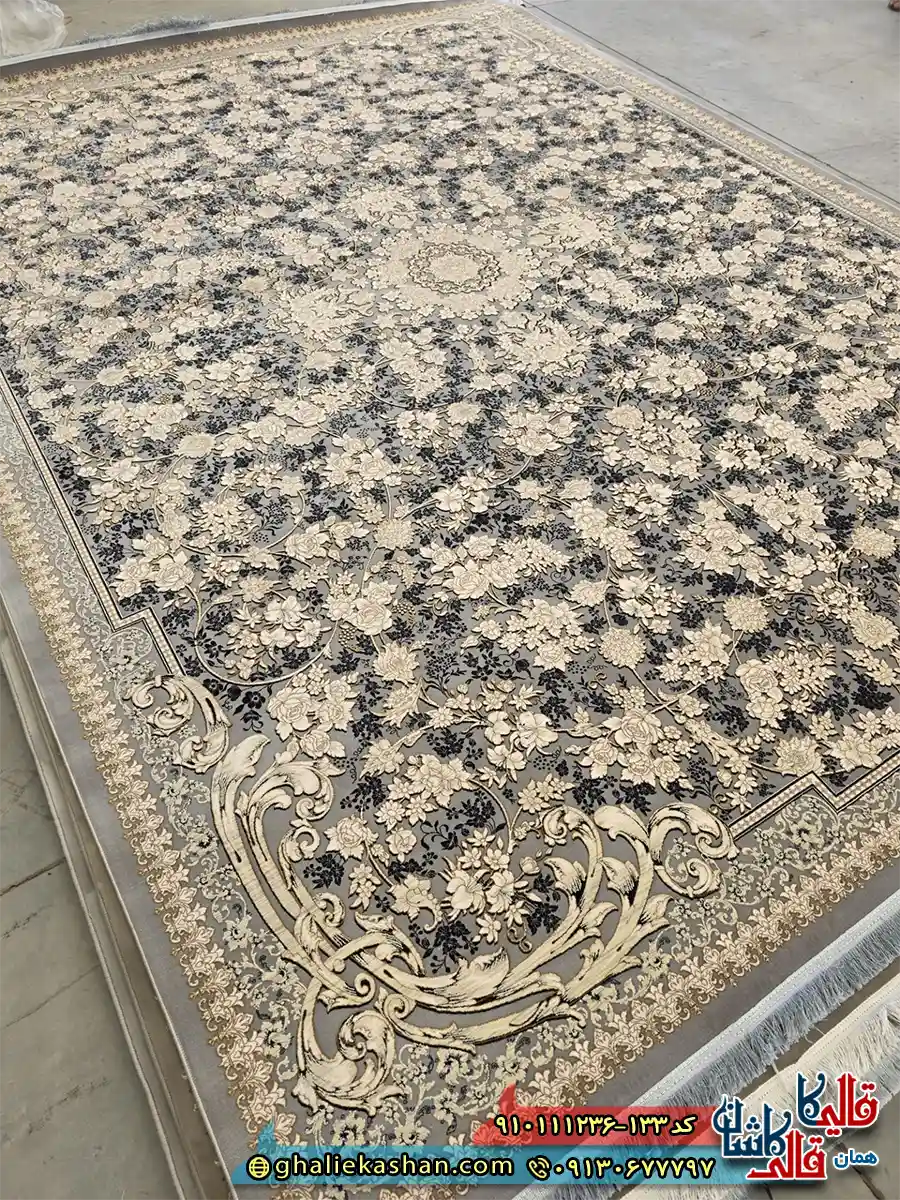 فرش طلاکوب 1200 شانه طرح افشان گندم رنگ طوسی خاکستری گل برجسته کاشان اصلی فرش طلاکوب 1200 شانه طرح افشان گندم رنگ طوسی خاکستری گل برجسته کاشان اصلی