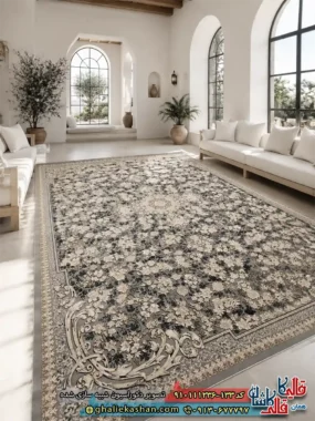 فرش ‌طلاکوب ‌1200 ‌شانه ‌طرح ‌افشان ‌گندم ‌رنگ ‌طوسی ‌خاکستری ‌گل ‌برجسته ‌کاشان ‌