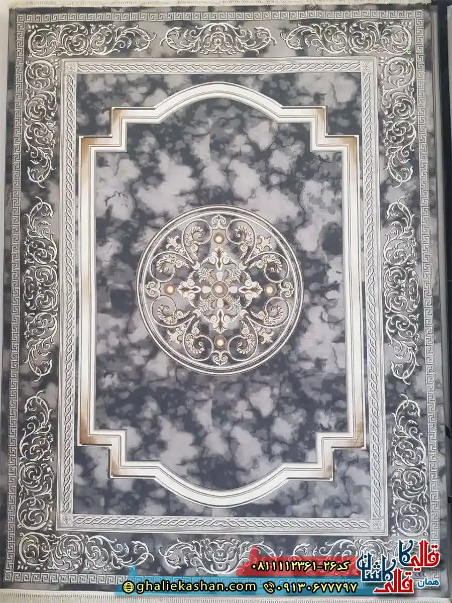 فرش طلاکوب 1200 شانه طرح مدوسا رنگ طوسی دلفینی گل برجسته کاشان اصلی