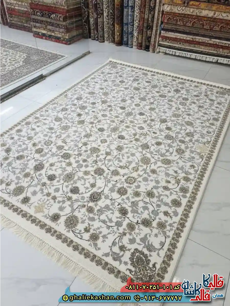 فرش طلاکوب 700 شانه طرح افشان لنا رنگ کرم سفید کاشان اصلی