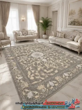 فرش طلاکوب 700 شانه طرح سلطنت رنگ قهوه ای نسکافه ای گل برجسته کاشان