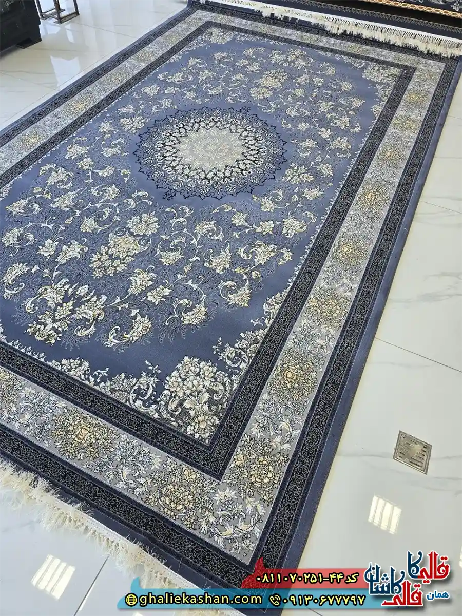 فرش طلاکوب 700 شانه طرح یلدا رنگ طوسی دلفینی کاشان اصلی
