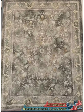 فرش طلاکوب وینتیج 1200 شانه طرح افشان آواز رنگ طوسی سبز گل برجسته کاشان
