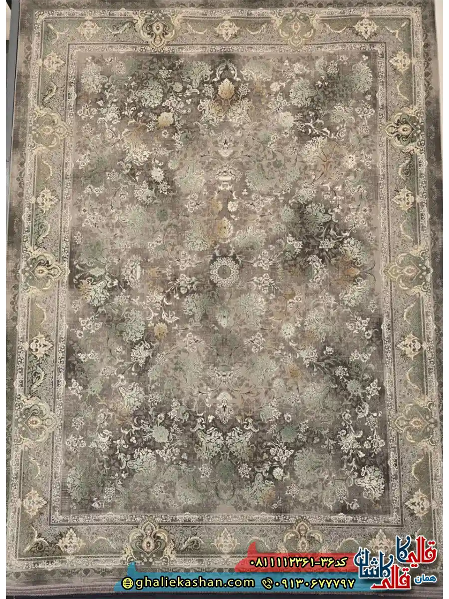 فرش طلاکوب وینتیج 1200 شانه طرح افشان آواز رنگ طوسی سبز گل برجسته کاشان اصلی