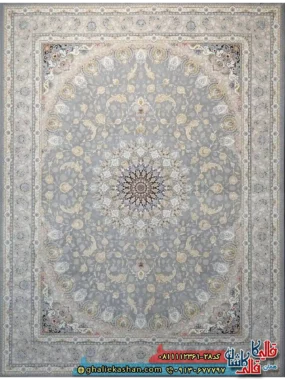 فرش طلاکوب کلاسیک 1200 شانه طرح مهدیس رنگ طوسی فیلی گل برجسته کاشان