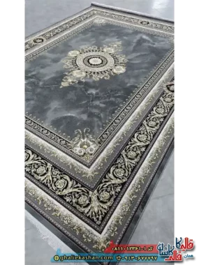 فرش طلاکوب کلاسیک 1200 شانه طرح ژیوا ورساچه رنگ طوسی کاشان اصلی