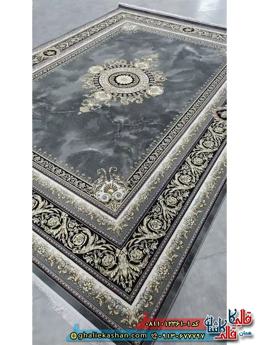 فرش طلاکوب کلاسیک 1200 شانه طرح ژیوا ورساچه رنگ طوسی کاشان اصلی