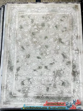 فرش وینتیج 1200 شانه طرح افشان گیسو رنگ طوسی سبز گل برجسته کاشان
