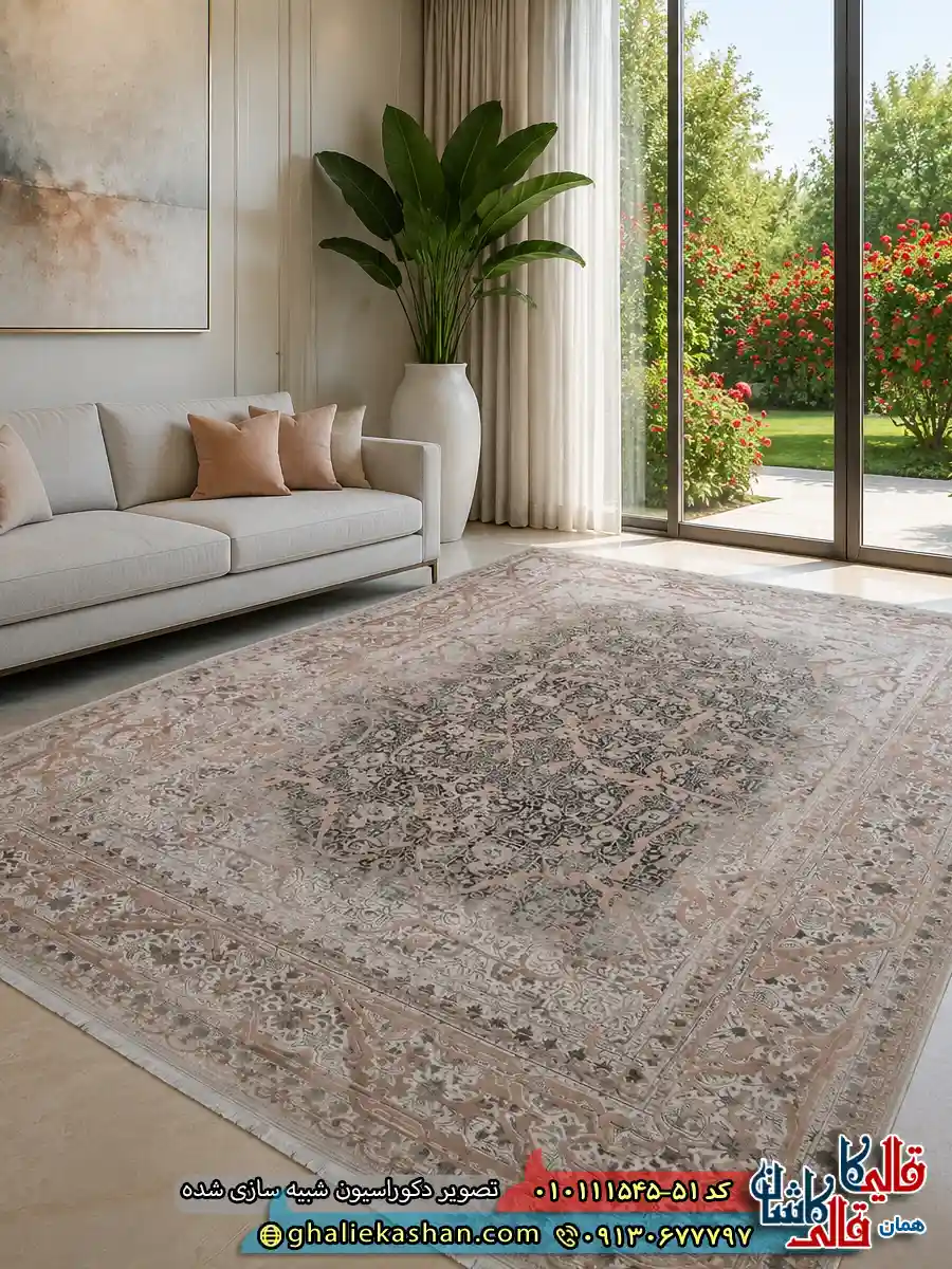 فرش وینتیج 1500 شانه طرح افشان ایساتیس رنگ طوسی نقره ای مسی گل برجسته کاشان دکوراسیون