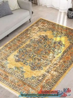 فرش ‌وینتیج ‌مدرن ‌1000 ‌شانه ‌طرح ‌چوقا ‌زمینه ‌زرد ‌قهوه ای ‌نسکافه ای ‌کاشان