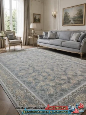 فرش کلاسیک 1200 شانه طرح افشان صدف رنگ طوسی نقره ای کاشان