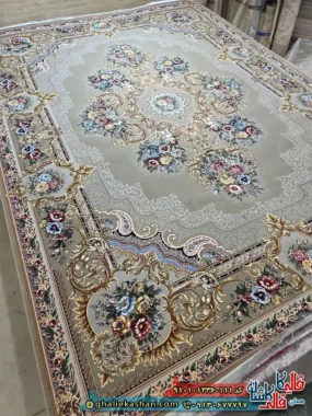فرش کلاسیک 1200 شانه فرانسوی طرح ملودی رنگ بژ مشکی کاشان اصلی