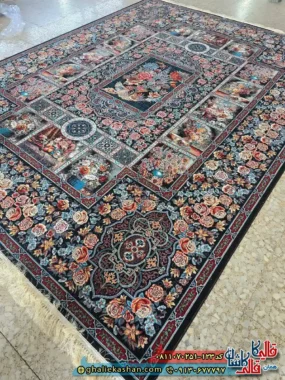 فرش کلاسیک 700 شانه خشتی طرح باغ ارم رنگ سرمه ای مشکی کاشان