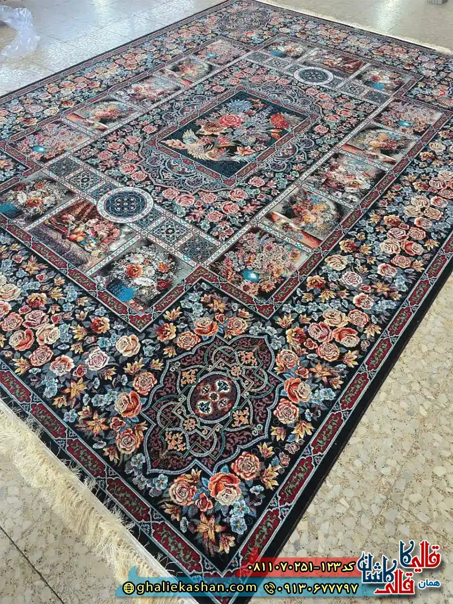 فرش کلاسیک 700 شانه خشتی طرح باغ ارم رنگ سرمه ای مشکی کاشان اصلی