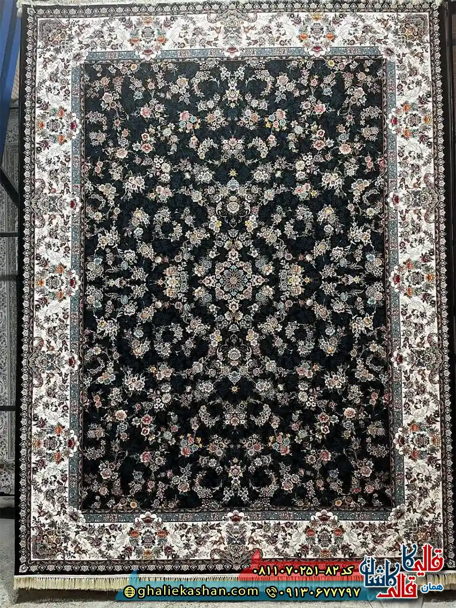 فرش کلاسیک 700 شانه طرح افشان آرمیتا رنگ سرمه ای مشکی کاشان اصلی