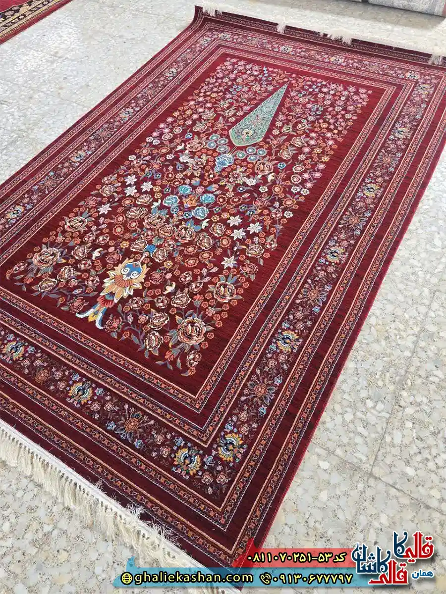 فرش کلاسیک 700 شانه طرح افشان قصر گل رنگ قرمز لاکی کاشان اصلی